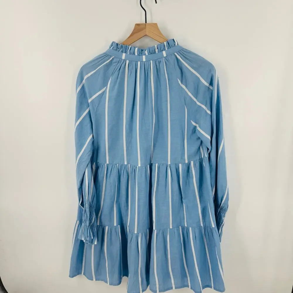 Wild Pony‎ Tiered Babydoll Mini Dress Blue White Stripe Cotton Size S Small